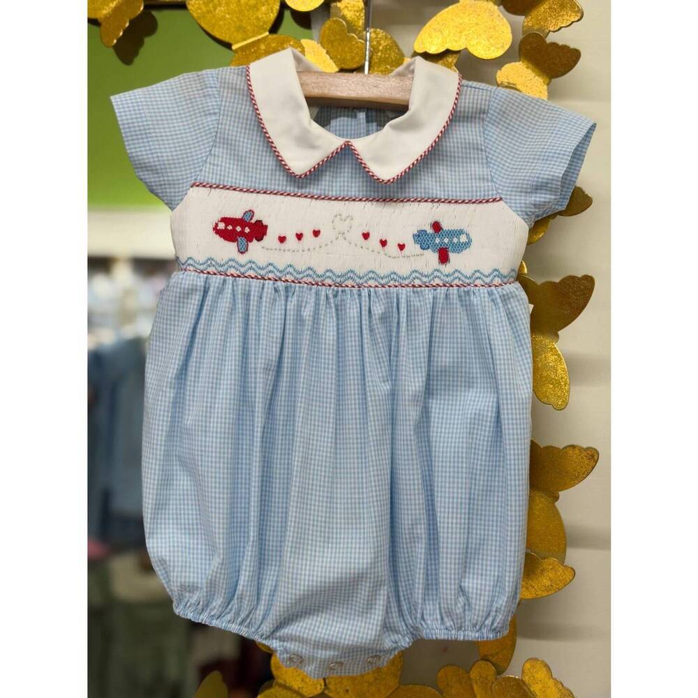 NEW LULU BEBE kid's valentine's smocked bubble in blue/ airplane